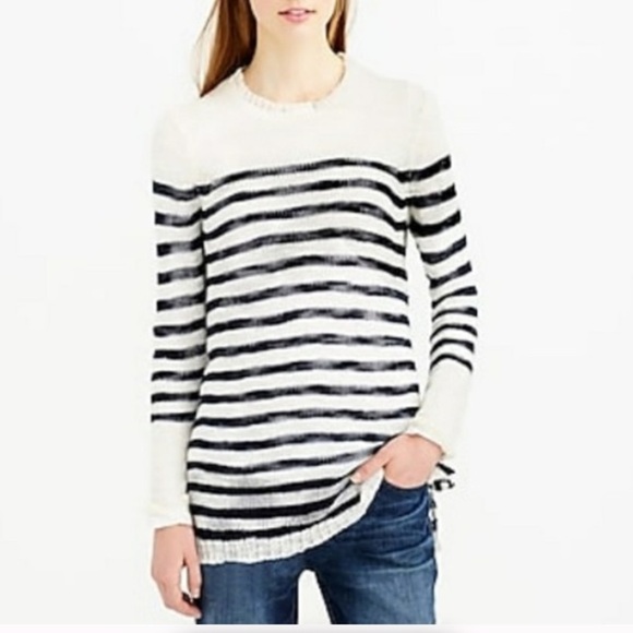 J. Crew white and nave blue open weave Breton stripe longline sweater. Medium - Picture 1 of 4